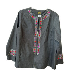 Bob Mackie Wearable Art Black Denim Zip Jacket 1X Purple Red Jeweled Embroidered